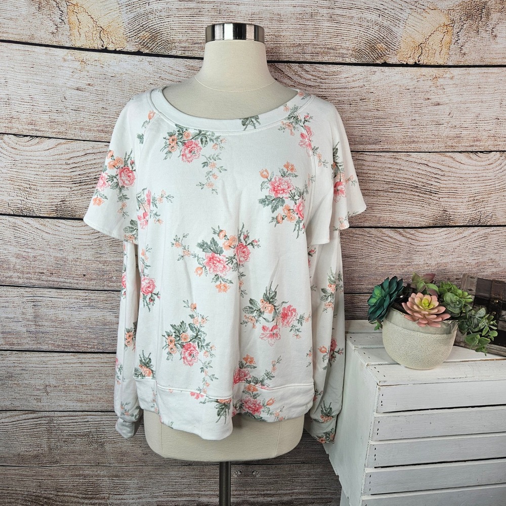 Lou & Grey Floral Ruffle Layered Sleeve Sweatshirt XL Cream Pink